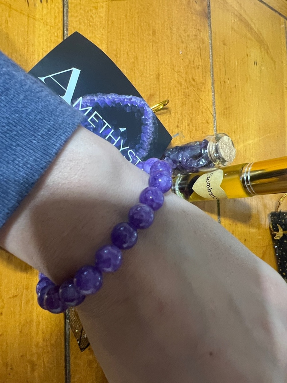 Amethyst Purple gift set:  Beaded Stretch Bracelet, sweetness perfume, amethyst